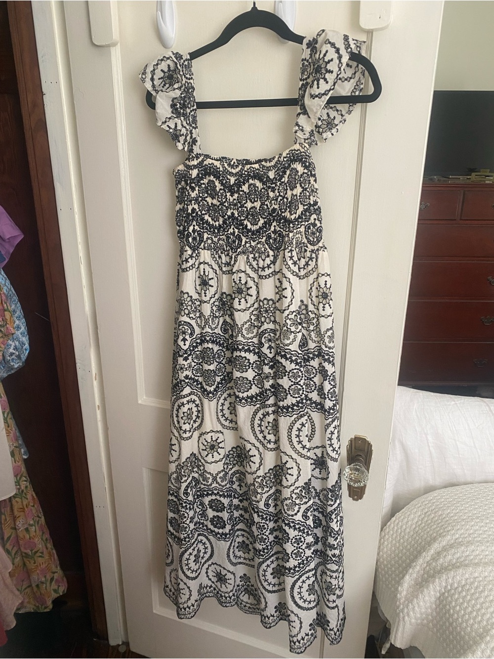 Smocked Sundress with Black Paisley Print - White/Black